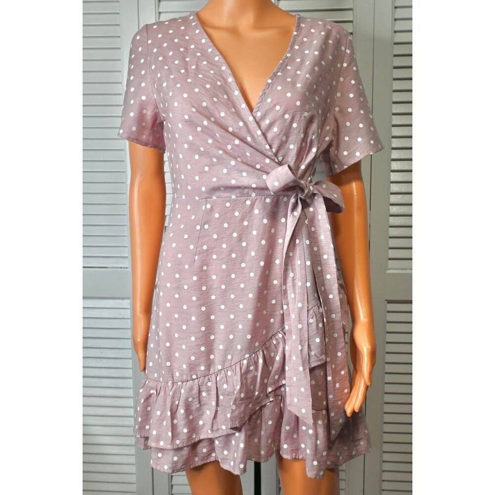 Zaful Pink Polka Dot Wrap Dress Ruffle Hem Tie Waist Short Sleeve Women S